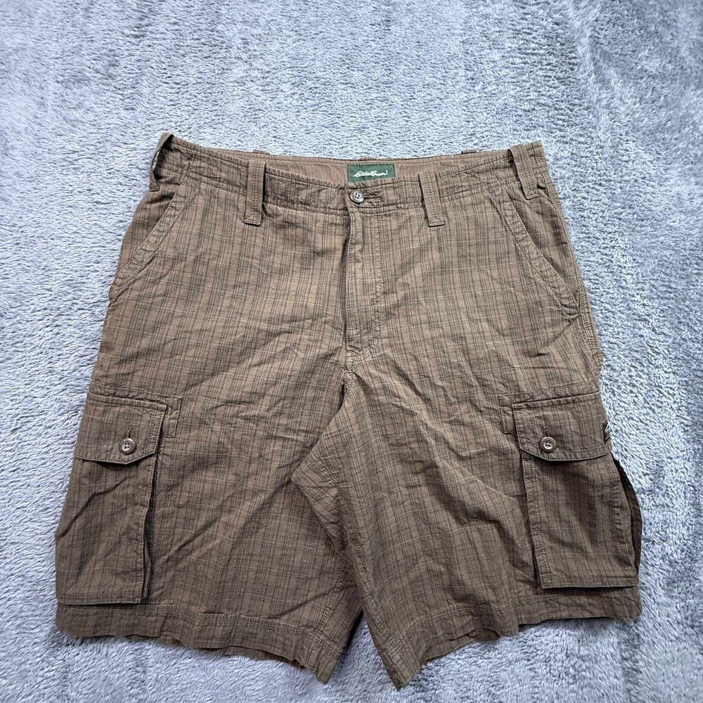 VTG Eddie Bauer 100% Cotton Twill Cargo Shorts Plaid Brown Mens 36 Loose Fit